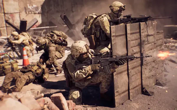 Battlefield 6 video game scene: army soldiers in urban combat, taking cover behind makeshift barricade and firing rifles amid rubble — 4K Ultra HD PC desktop wallpaper/background.