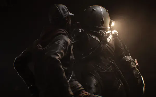 4K Ultra HD PC desktop wallpaper for the video game Cronos: The New Dawn — two armored, helmeted figures in a moody Dark Gaming scene lit by dramatic side light.