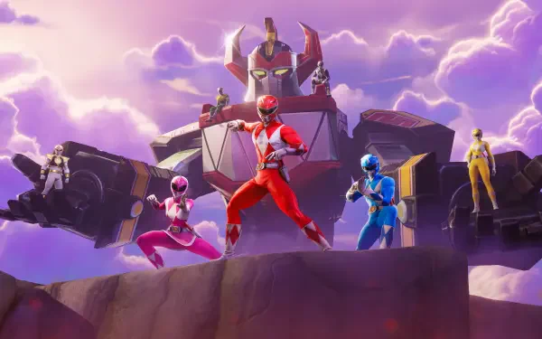 Fortnite Battle Royale 4K Ultra HD PC desktop wallpaper: five colorful hero skins pose on a cliff before a towering mech under a dramatic purple storm sky.