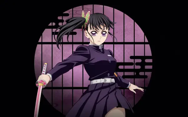 Demon Slayer: Kimetsu no Yaiba 4K Ultra HD PC wallpaper and background — dark-haired female swordsman in a school uniform, wielding a pink katana before a circular shoji window.