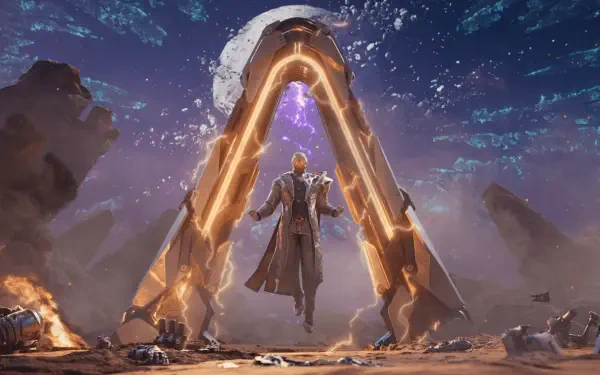 Borderlands 4 HD PC wallpaper: a cloaked figure levitates before a glowing triangular alien gateway on a rocky, fire-lit landscape under a stormy, star-filled sky.
