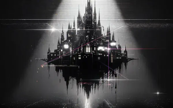 4K Ultra HD PC desktop wallpaper of a dark, futuristic floating castle with sharp spires and glowing windows, suspended above a mirrored void with subtle digital glitch accents.