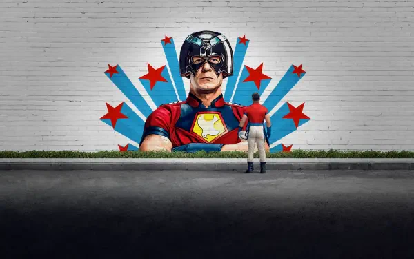 Peacemaker (DC Comics) TV Show mural on a white brick wall: giant helmeted Peacemaker with starburst and red stars, a lone figure standing below — 4K Ultra HD PC desktop wallpaper/background.