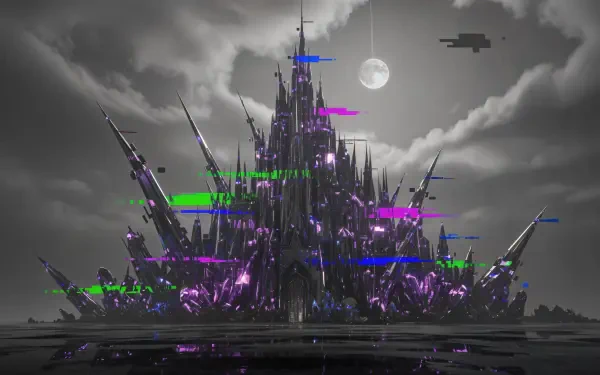 4K Ultra HD PC desktop wallpaper and background — a spiked gothic fortress rises from reflective water beneath a full moon, glowing with neon green, purple and blue glitch-like accents.