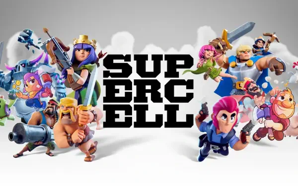 HD PC desktop wallpaper featuring the Supercell logo centered with colorful character lineups from mobile games Clash of Clans and Brawl Stars on either side.