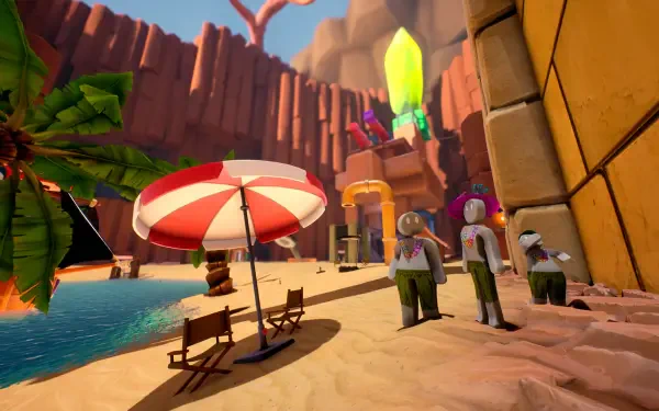 HD PC desktop wallpaper and background from the video game Supraworld — colorful cartoony beach with umbrella and loungers, palm trees, crystal spires and three characters near a cliffside village.