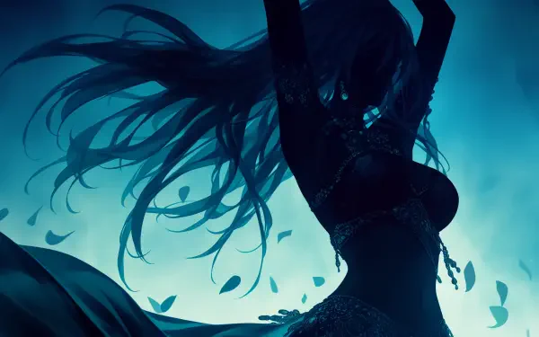 AI-generated anime girl silhouette dancing with flowing hair and petals against teal-blue light — HD PC desktop wallpaper/background.