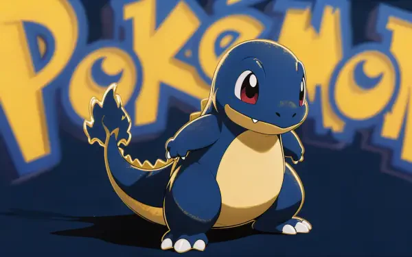 Blue Charmander (Pokémon) standing with a glowing tail in front of an oversized Pokémon logo — 4K Ultra HD PC desktop wallpaper and background.