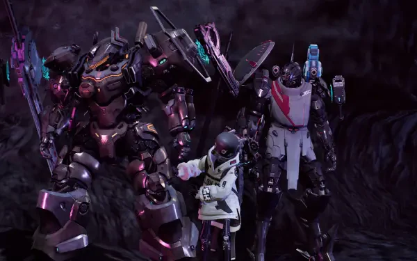 HD PC desktop wallpaper from Daemon x Machina: Titanic Scion — three sci‑fi mecha and a pilot standing in a dark alien landscape, sleek armored robots glowing with neon accents.