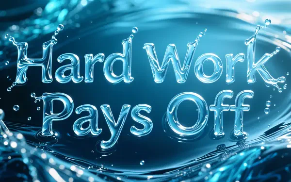 4K Ultra HD PC desktop wallpaper showing Hard Work Pays Off in water-formed glass text above a rippling blue liquid background.