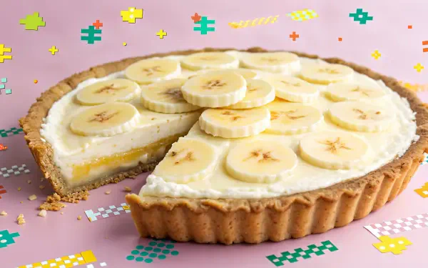 Banana cream pie with sliced bananas on creamy filling and golden crust on a pastel pink, pixel-patterned background — 4K Ultra HD PC desktop wallpaper.