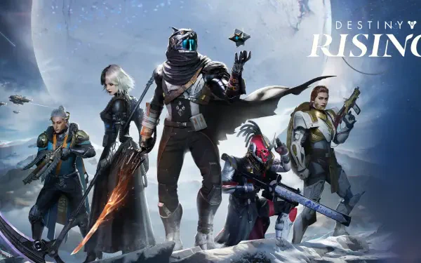 HD PC desktop wallpaper: Destiny: Rising gaming art shows five armored Guardians with futuristic weapons on a snowy alien plain beneath a looming planet, game logo top right.