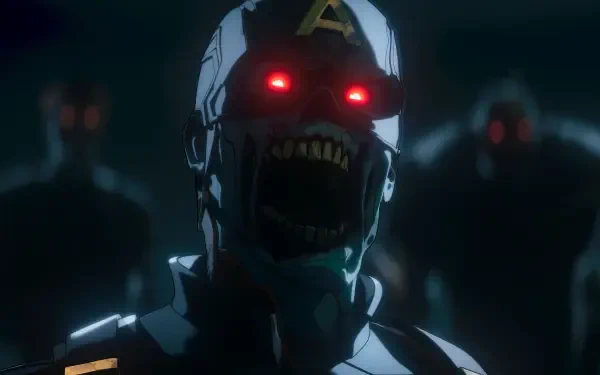 HD PC desktop wallpaper showing a Marvel Zombies TV show scene: zombified Captain America with glowing red eyes and gaping jaws, shadowy undead figures behind.