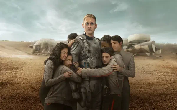 4K Ultra HD PC wallpaper from the TV show Murderbot — an armored protagonist stands in a barren landscape, protectively holding four children beneath a stormy sky.
