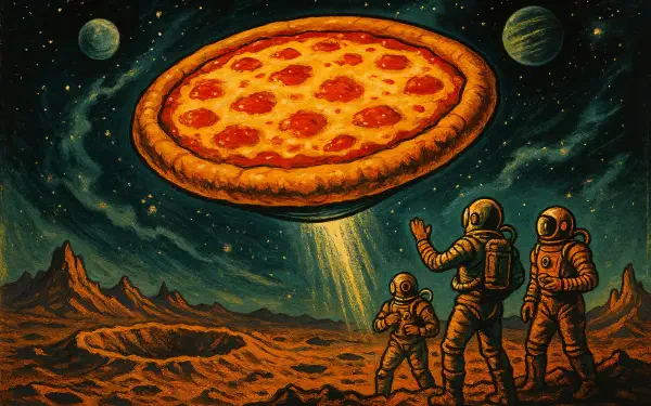 Surreal 4K Ultra HD PC desktop wallpaper and background: three astronauts on a rocky alien plain watch a giant cheese pizza UFO beam light under a starry, planet-filled sky.
