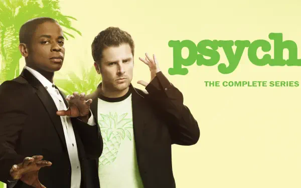 Psych TV show 4K Ultra HD PC desktop wallpaper/background: two men strike playful detective poses against a yellow-green backdrop with the show's logo.