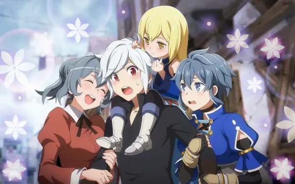 HD desktop wallpaper of Bell Cranel carrying Aiz Wallenstein, joined by Syr Flova and a smiling companion amid glowing flowers — Is It Wrong to Try to Pick Up Girls in a Dungeon?
