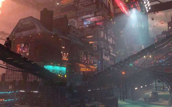 HD PC desktop wallpaper — Nivalis (video game) futuristic city: neon-lit towers, stacked walkways, hovering vehicles and rain-slick streets beneath glowing signs.