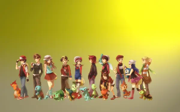 HD PC desktop wallpaper: Pokémon video game trainers with their starter Pokémon lined up across a yellow-to-gray gradient background.