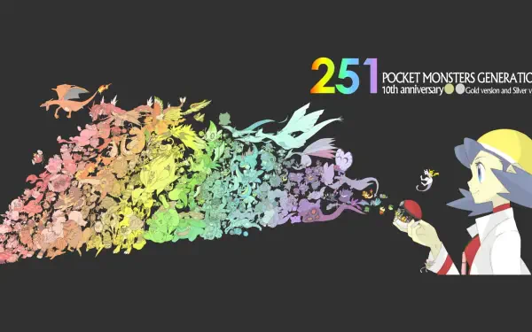 HD PC desktop wallpaper of Pokémon video game art: a trainer holding a Poké Ball sends a rainbow cloud of 251 pocket monster silhouettes trailing across a dark background.
