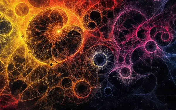 Vibrant fractal of golden, magenta and indigo webbed spirals and glowing orbs, rendered in high detail — 4K Ultra HD PC desktop wallpaper and background.