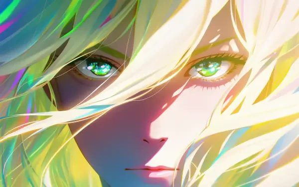 Close-up anime gior portrait: flowing blonde hair, piercing green eyes and prismatic color highlights — HD PC desktop wallpaper and background.