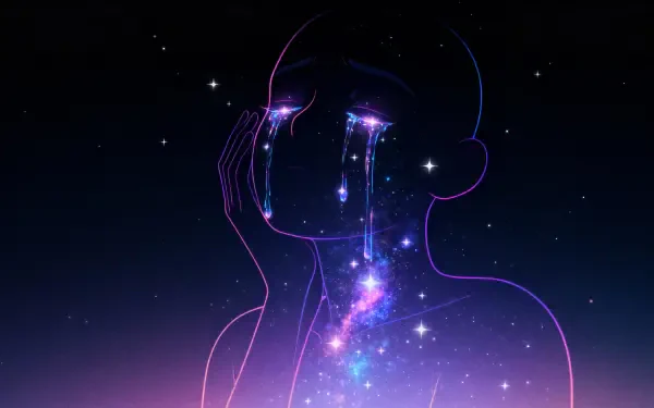 4K Ultra HD PC wallpaper: an ethereal outline of a crying figure whose luminous tears stream into stars and galaxies against a dark cosmic backdrop.