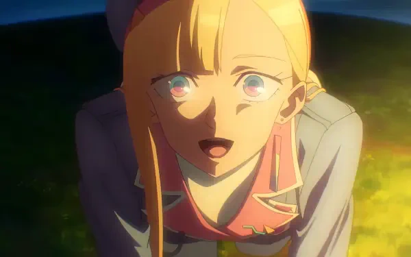 Anime HD PC desktop wallpaper from Dusk Beyond the End of the World: close-up of a smiling blonde girl lit by warm dusk light, vivid eyes and a soft blurred background.