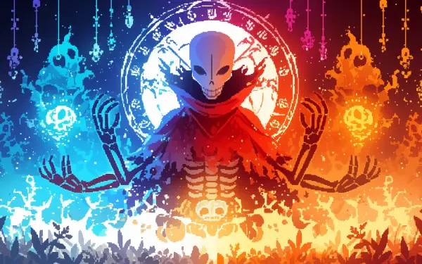HD pixel-art PC desktop wallpaper: skull-faced monk in a red robe with skeletal hands before a glowing arcane sigil, vibrant blue-to-orange AI art background.
