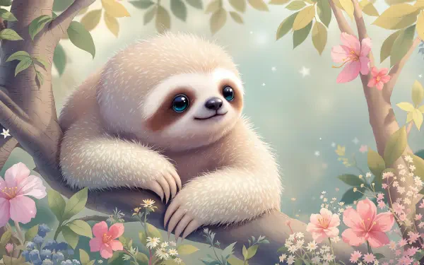 4K Ultra HD PC desktop wallpaper and background of a fluffy sloth lounging on a tree branch amid pastel flowers and soft dappled light.