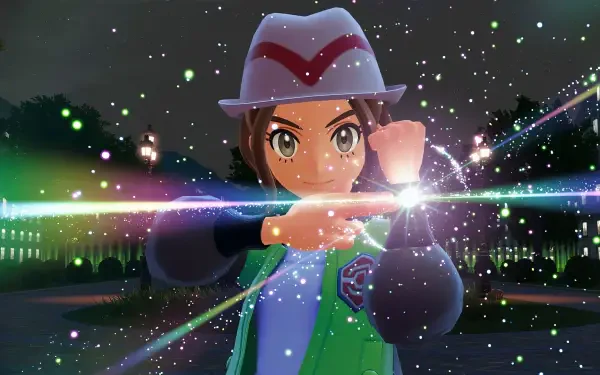 Pokémon Legends Z-A HD PC desktop wallpaper: a trainer in a hat unleashes a sparkling energy blast, colorful light streaks and starry sparks against a nighttime cityscape.