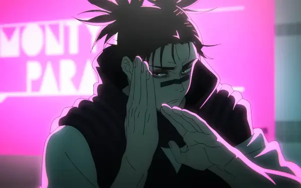 HD PC desktop wallpaper of Choso from Jujutsu Kaisen in anime style, hands raised in a guarded stance against a neon pink backdrop.