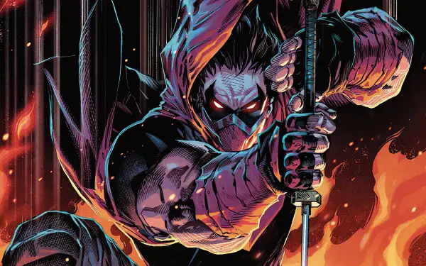 Comic-style 4K Ultra HD PC desktop wallpaper/background: Red Hood (DC Comics) in a hooded mask, gripping a blade as rain and roaring flames surround him, glowing eyes and a gritty action pose.