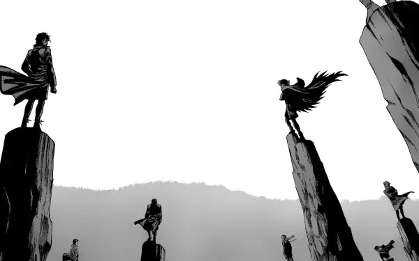 Hajime no Ippo manga HD PC desktop wallpaper: monochrome scene of silhouetted fighters standing on towering rock pillars over a misty valley, dramatic wide composition.