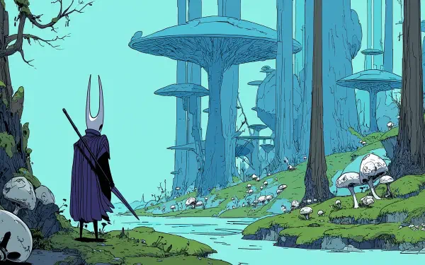 HD PC desktop wallpaper: Hornet (Hollow Knight) from Hollow Knight: Silksong stands with her needle in a turquoise mushroom forest, a fantasy world video game background.