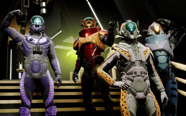 HD PC desktop wallpaper of four Void Crew video game characters in colorful futuristic armor striking poses on illuminated steps.