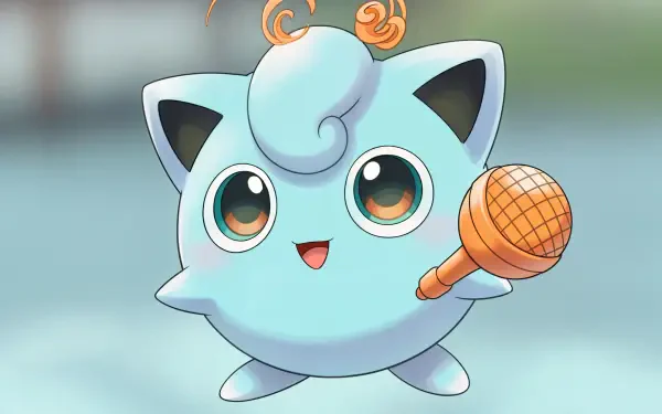 Bright 4K Ultra HD PC desktop wallpaper of Jigglypuff (Pokémon) smiling and holding a microphone on a soft blurred background.
