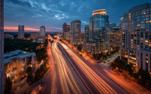HD PC desktop wallpaper: vibrant cityscape at dusk with glass buildings and sweeping light trails from highway traffic, creating a dynamic urban background.