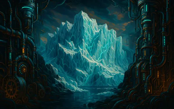 4K Ultra HD PC desktop wallpaper featuring a towering turquoise glacier rising from dark reflective water, framed by industrial steampunk pipes and machinery.