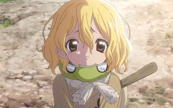 HD PC desktop wallpaper — anime close-up of Suika (Dr. Stone): wide, teary eyes, blonde hair, green scarf and watermelon-rind helmet, soft sunlight over an earthen background.