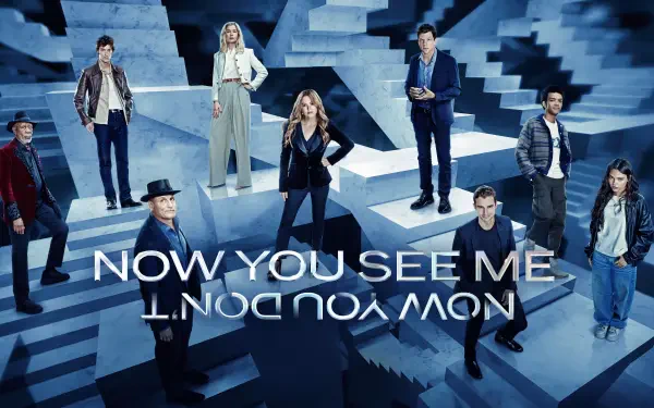 Now You See Me 3 4K Ultra HD PC desktop wallpaper: ensemble of characters on an Escher-like staircase maze in cool blue tones with mirrored Now You See Me title text.
