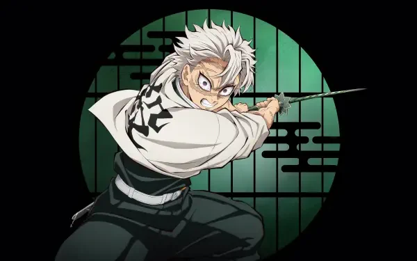 Demon Slayer: Kimetsu no Yaiba — white‑haired slayer crouched with sword drawn before a green circular shōji grid. 4K Ultra HD PC desktop wallpaper/background.