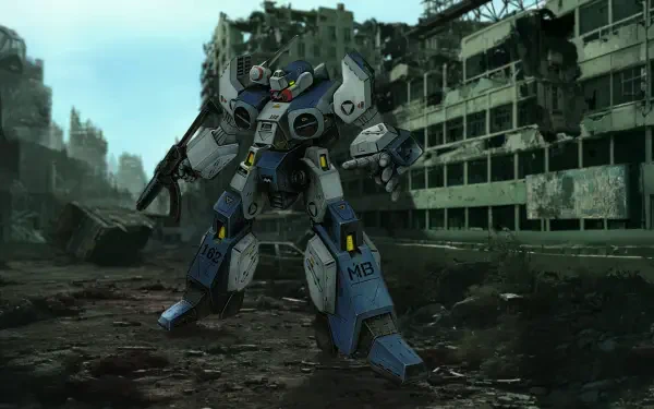 Robotech New Generation HD PC desktop wallpaper/background: a battle-scarred mecha stands amid crumbling urban ruins beneath a pale, overcast sky.