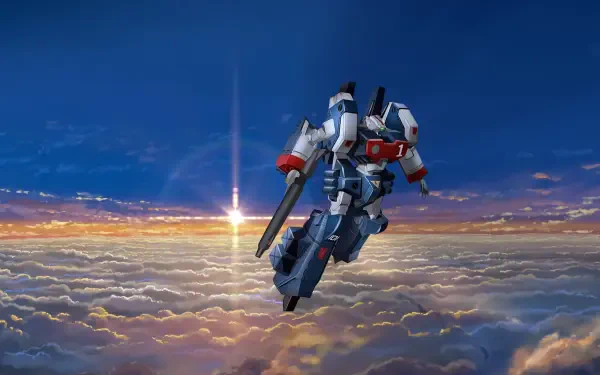 Robotech/Macross transforming mecha ascending above sunlit clouds at sunrise — 4K Ultra HD PC desktop wallpaper and background.