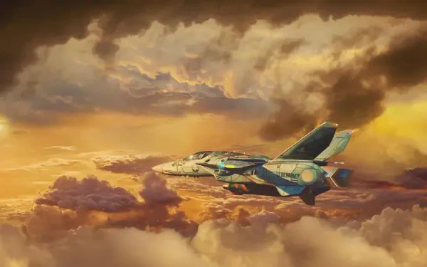 Robotech Macross 4K Ultra HD PC desktop wallpaper: a transforming Valkyrie fighter jet soaring through golden storm clouds at sunset.