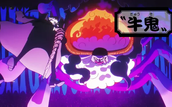 Anime One Piece by Jaygarcia Saturn — 4K Ultra HD PC desktop wallpaper and background: a flaming masked Oni-like creature with purple tentacles confronting a cloaked figure wielding a spear.