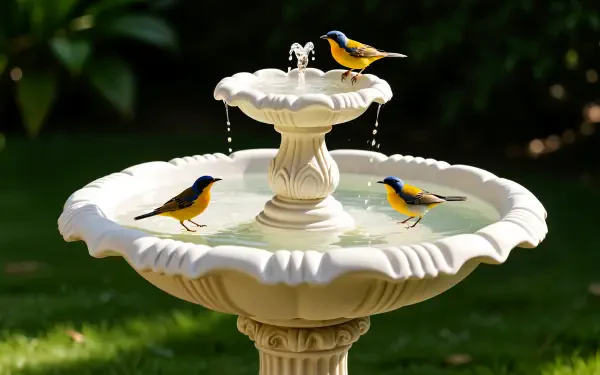 4K Ultra HD PC desktop wallpaper/background: white stone bird bath with three yellow-and-blue songbirds splashing droplets against a blurred green garden.