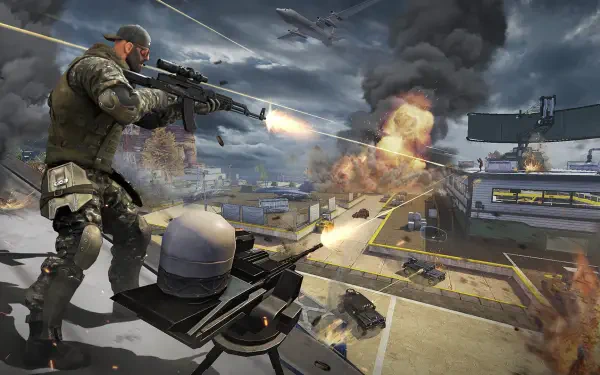 HD PC desktop wallpaper and background for the video game Blood Strike: rooftop soldier fires a sniper rifle amid explosions, drones and armored vehicles across a smoke-filled urban battlefield.