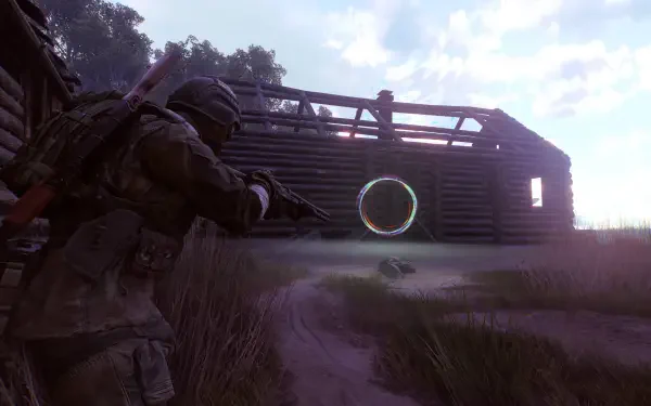 HD PC desktop wallpaper/background from the video game Active Matter: armored soldier crouches with rifle outside a wooden bunker at dusk beneath a cloudy sky.