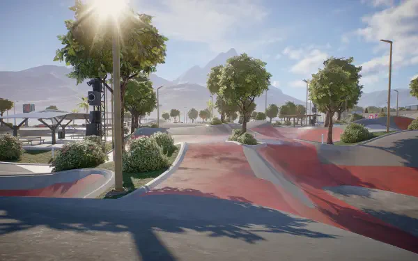 HD PC desktop wallpaper of Skate (video game) skate park: sunlit concrete bowls and ramps, trees lining a red-and-gray plaza with mountains and blue sky in the background.